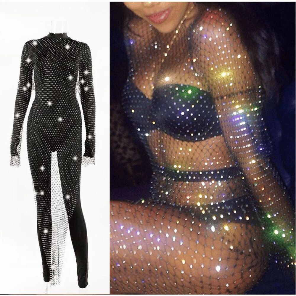 ✨💎 NWT Rhinestone Crystal Diamond Fishnet Mesh Sheer Long Sleeve Maxi Dress L